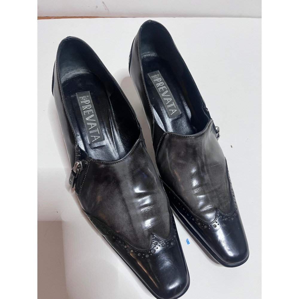 Prevata 8 B Black Grey Leather Wingtip Brogue Side Zip Heel Pumps Italy NEW